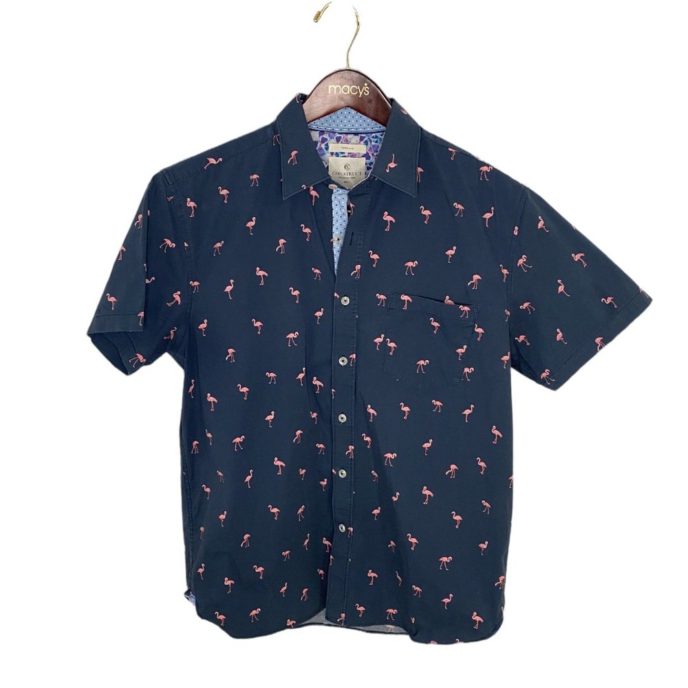 Men's Construct Flamingo Pattern Short Sleeve Button Down Shirt Size Large